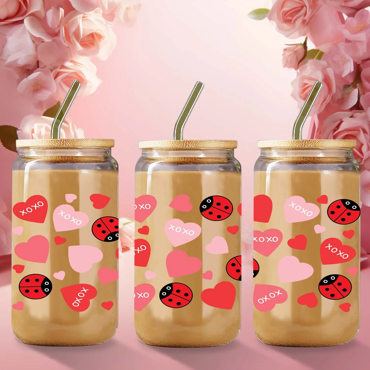 Seven-Spotted Ladybug 3d Printed 16oz Glass Can Cup With Lid&Straw Coffee Glass Mug Juice Coffee Bottle Valentine's Day Gifts