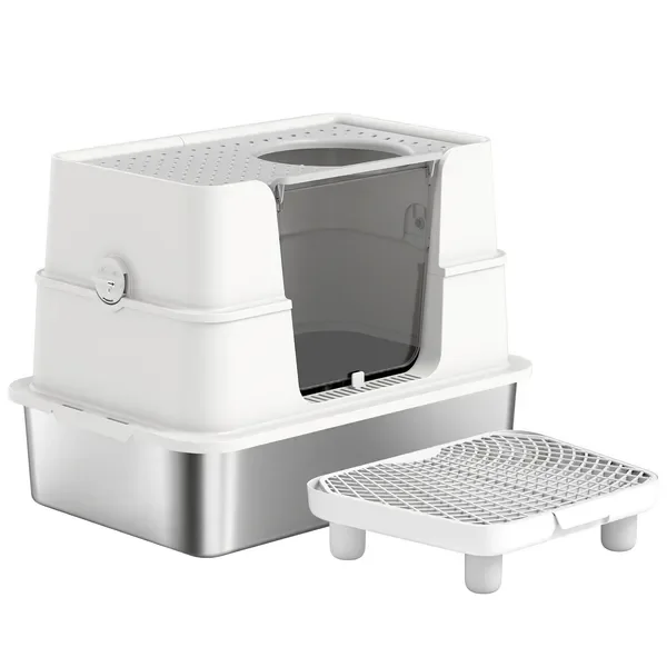 

XL Stainless Steel Litter Box w/ 100° Flip Top, Scoop, Step, Top & Side Entry Enclosed Litter Box for Big Cats