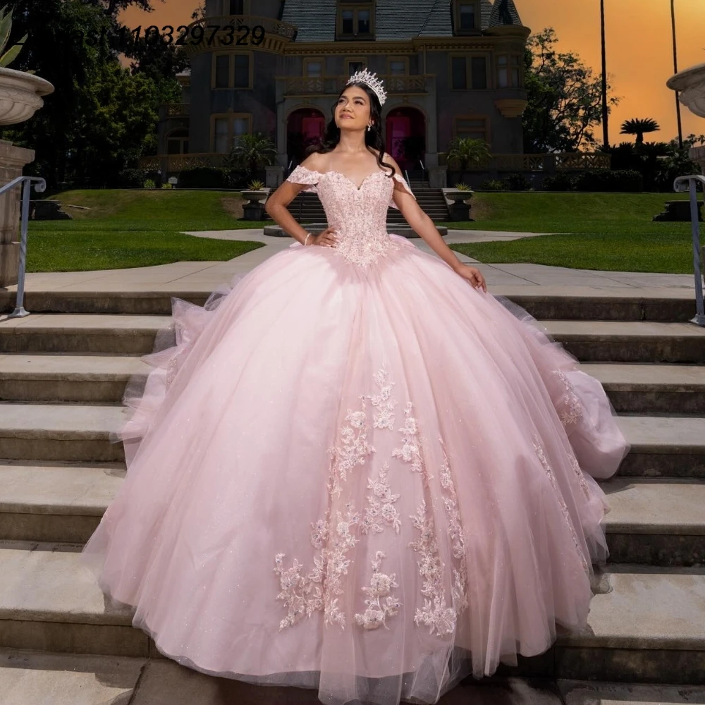 EVLAST Customized Pink Quinceanera Dress Ball Gown Lace Applique Beaded Bow Mexico Corset Sweet 16 Vestido De 15 Anos QD1136