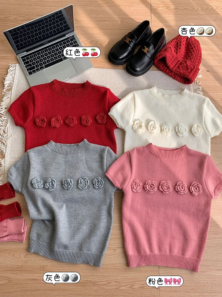 High Street Sweet 3D Flowers Sweater Tide Women Knitted Pullover Loose Korean Fashion Casual Jumper Spring Summer Preppy Style