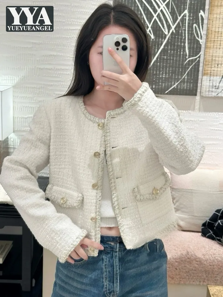 Fashion Elegant Womens Jacket O-Neck Weave Tweed Coat Autumn Winter Long Sleeve Single Breasted Casual Office Ladies Outerwear