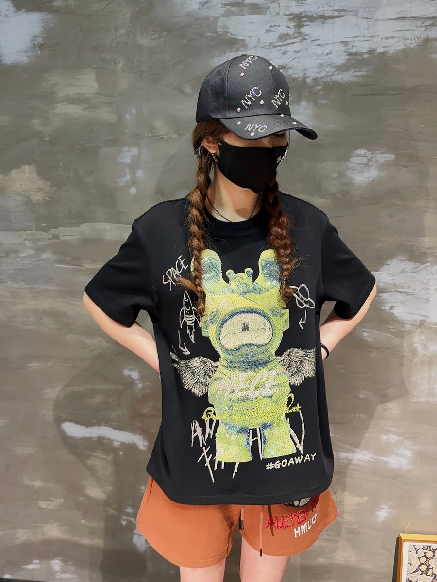 

Luxury Blingbling Hot Drilling Bunny Women T-shirt 2023 New Summer Casual Short Sleeve Tees Streetwear Wings Black Cotton Top