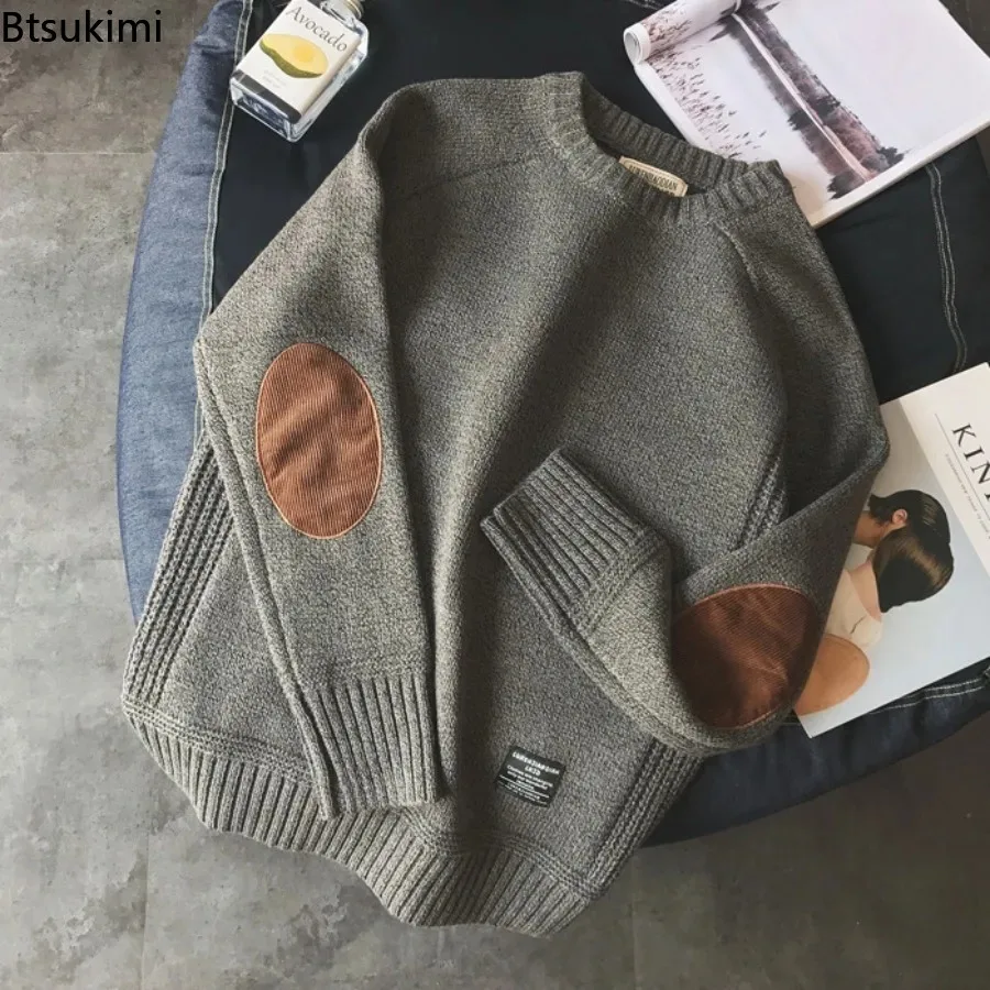 

Новый мужской теплый свитер-пуловер 2026 года: модный дизайн с нашивками, вязаный свитер в стиле Харадзюку, уличная одежда, повседневные пуловеры с круглым вырезом