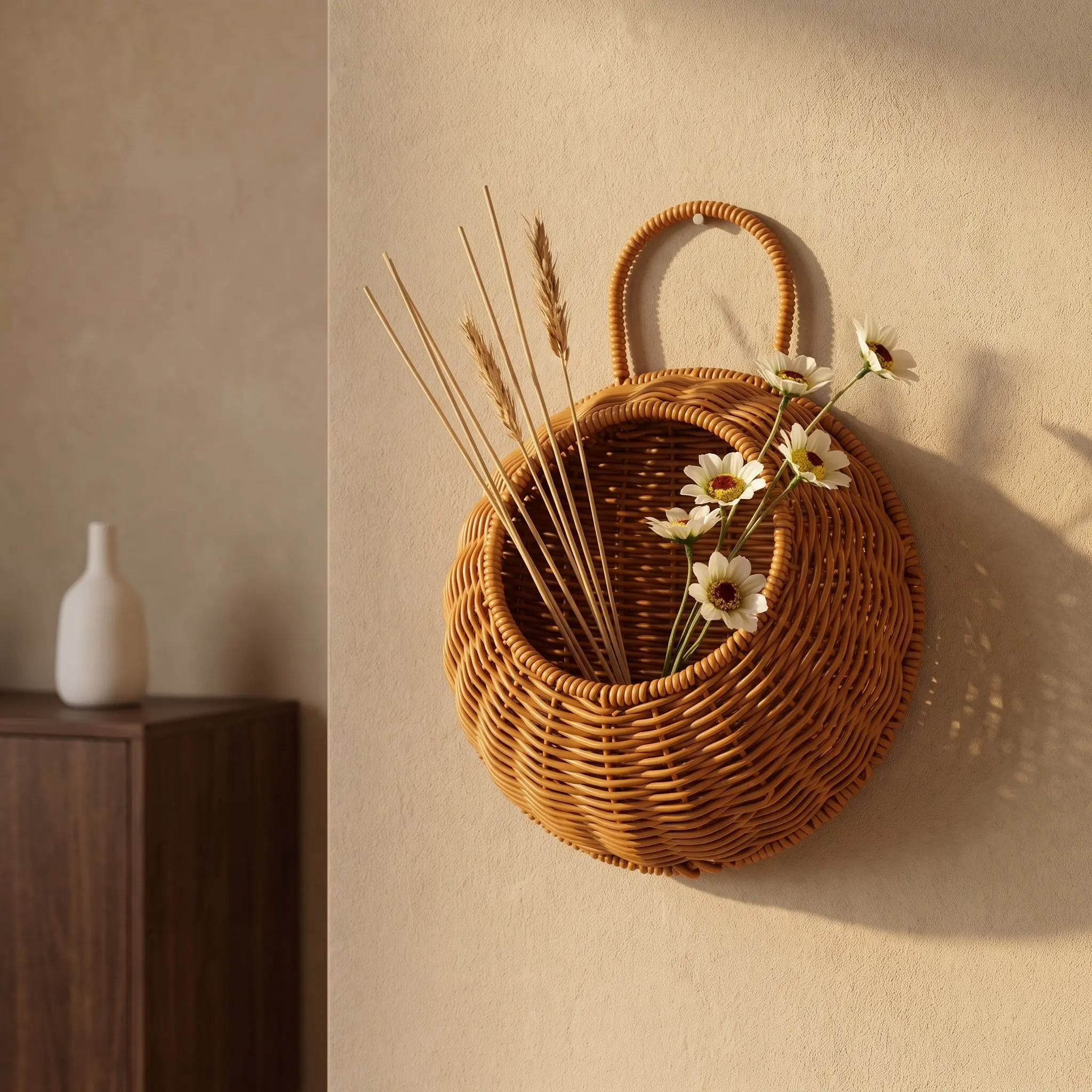 Imitation Rattan Wall Hanging Basket Half Round Planter Farmhouse Woven Flower Pot for Front Door Wall Decor Indoor Outdoor
