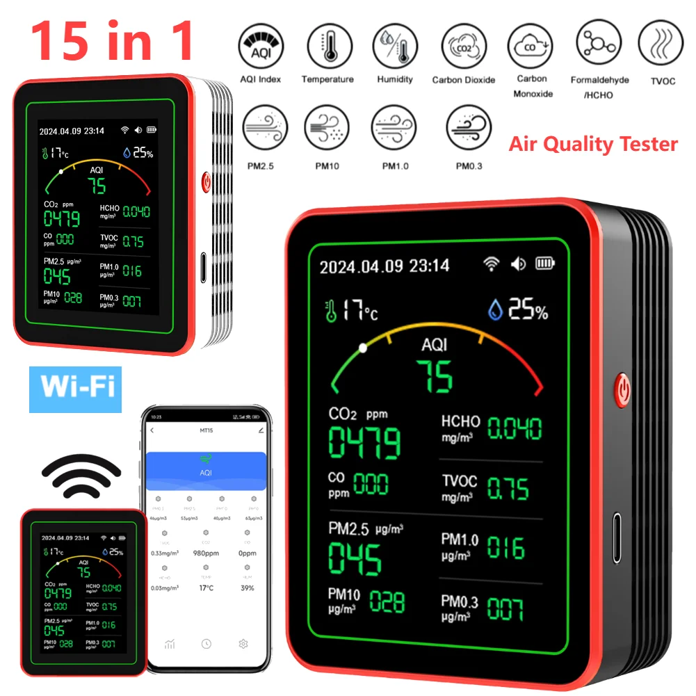 WiFi 15-w-1 Monitor jakości powietrza w pomieszczeniach Kontrola aplikacji Przenośny tester AQI PM0.3 PM1.0 PM2.5 PM10 Tester CO2 TVOC HCHO do użytku domowego