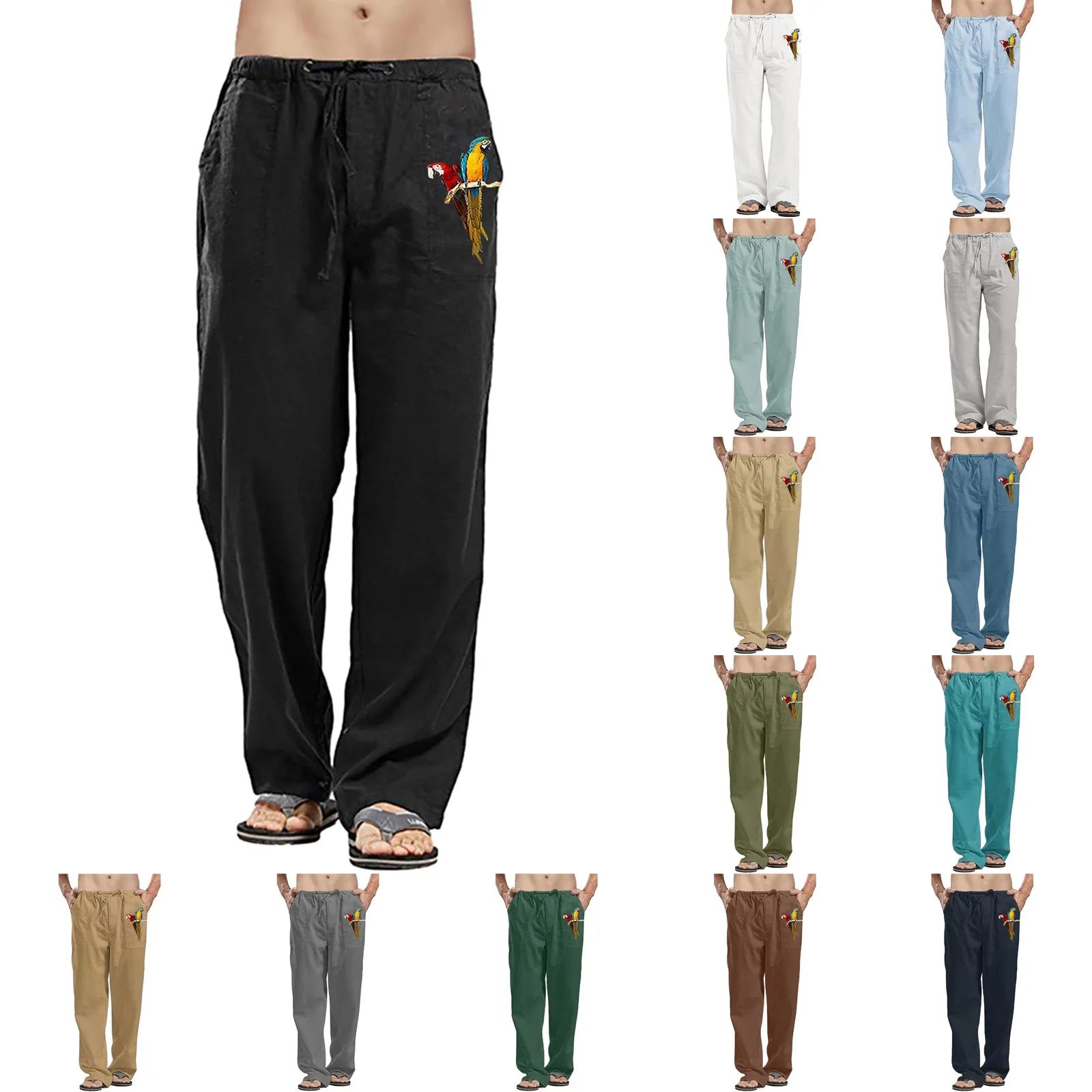 Men Spring And Summer Pant Casual All Solid Color Painting Loose Trouser Fashion Beach Pockets Pant Poplin Pants