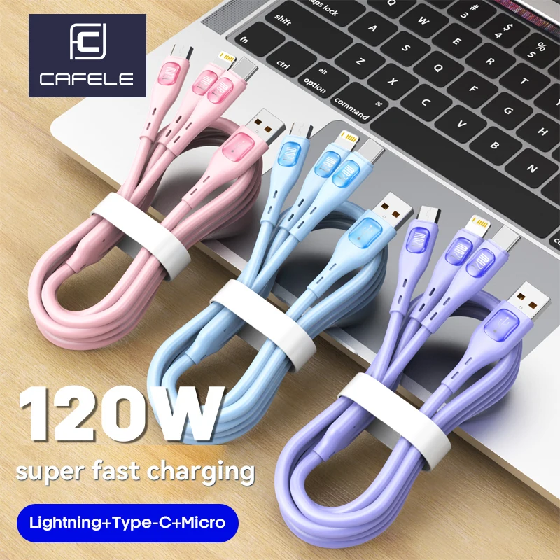 CAFELE 120W Fast Charge Data Cord Charging Line 3 in 1 USB A to Lightning Type C Micro Multi Port Charger Cable for iphone