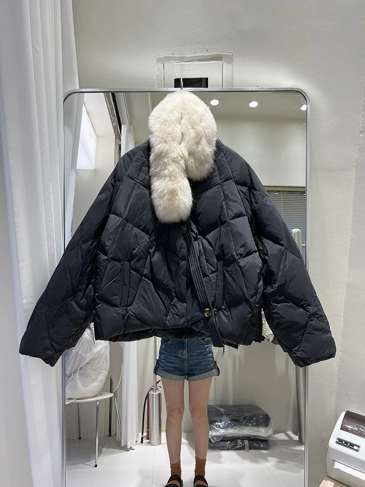 2023 Real Fox Fur Collar Winter Women 90%White Duck Down Jacket Ladies Short Warm Puffer Coat Female Loose Vintage Parka