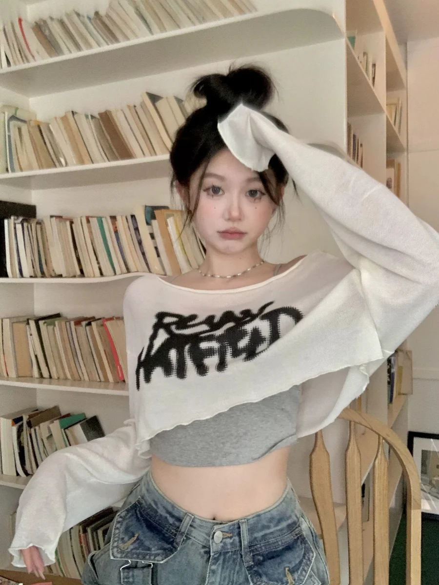 Lazy fiti White Long Sve T-irt Women's Summer Thin Sunade Cover up Design Loose ort Top Outerwear Casual Sle