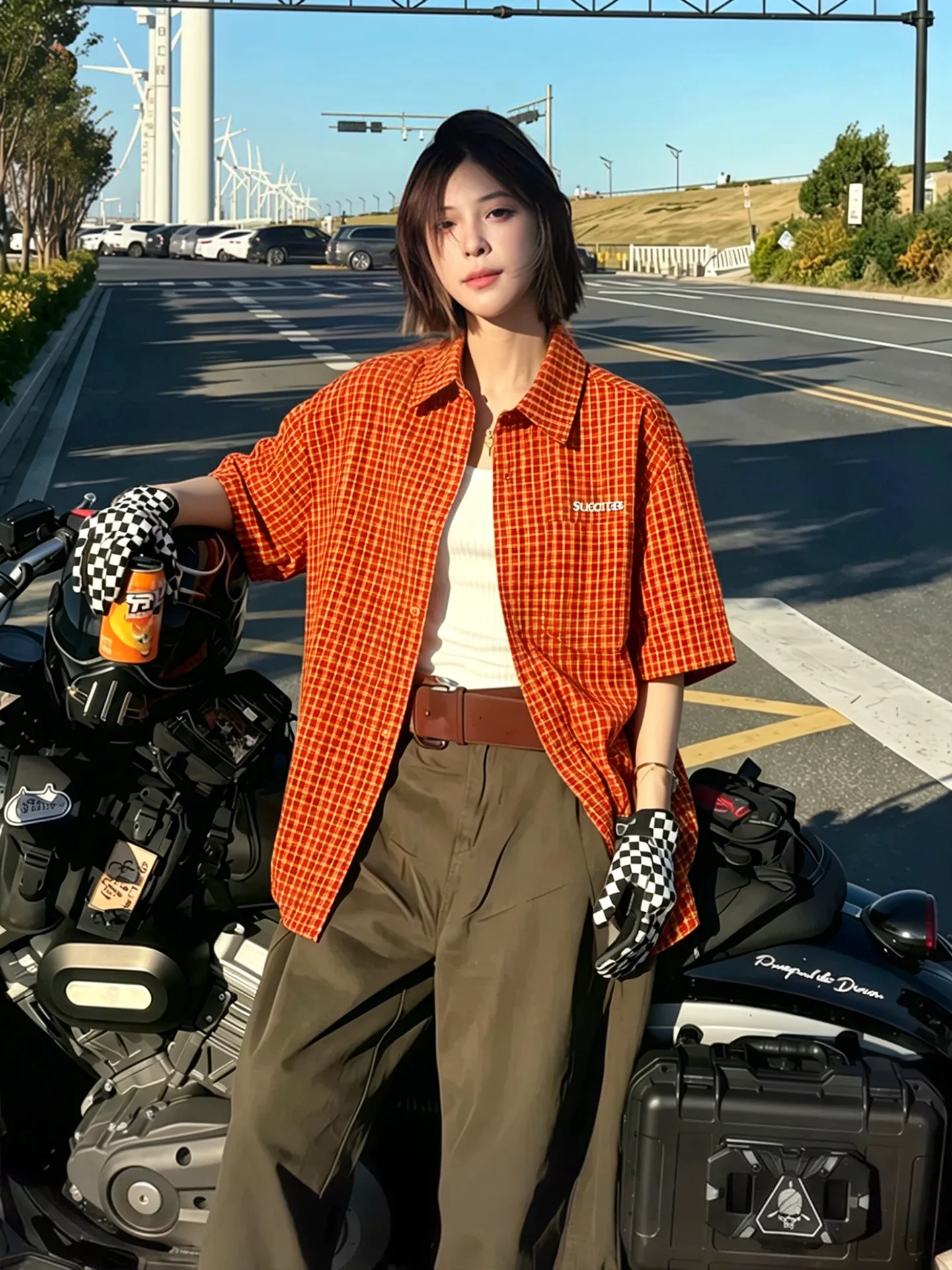 

Dopamine Orange Plaid Short Sleeve Shirt Men's Summer Embroidery Letter Cotton Breathable Casual Shirt Youth Commute Style