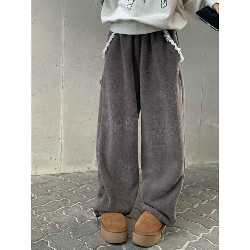 

Deeptown Vintage Lace Sweatpants Harajuku Ballet Style Korean Fashion Pants Wide Leg Baggy Basic Trousers Thermal Thicked Winter