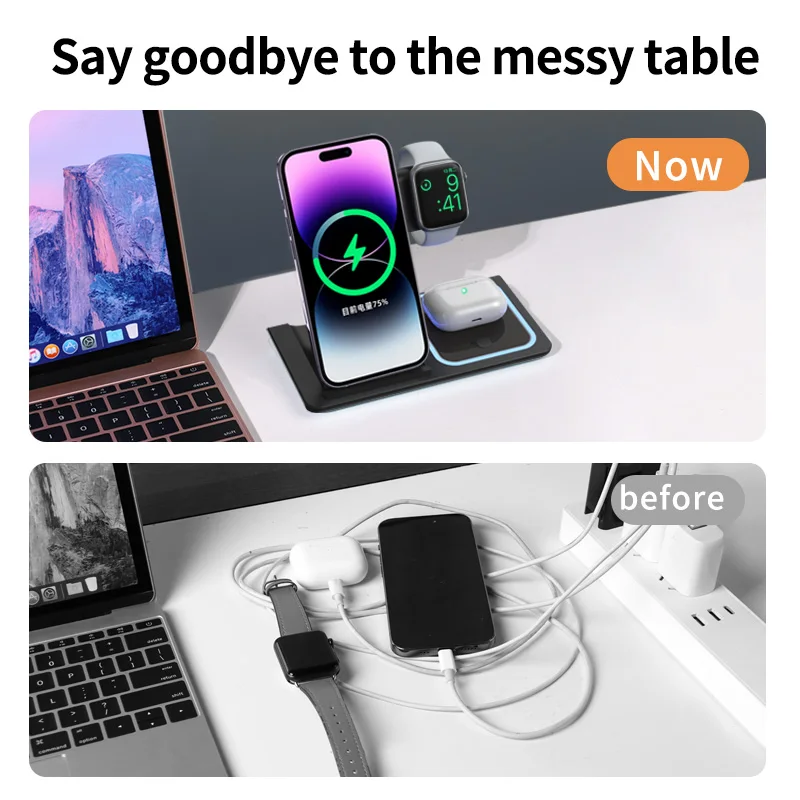 Индукционная Беспроводная зарядная подставка 3 в 1 Qi 15 Вт для IPhone14 13 12 ProMax Apple Watch SE S8 7 6 5 4 3 AirPods, складная зарядка