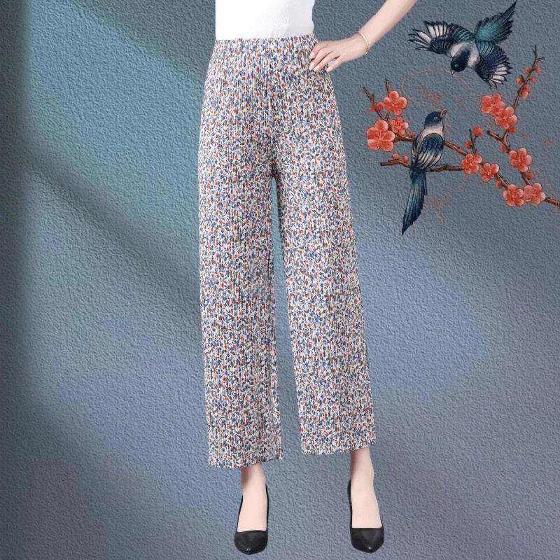 High Waist Straight Leg Thin Casual Pants Women's Summer New Loose Wide Leg Thin Model Casual Trousers Floral Print