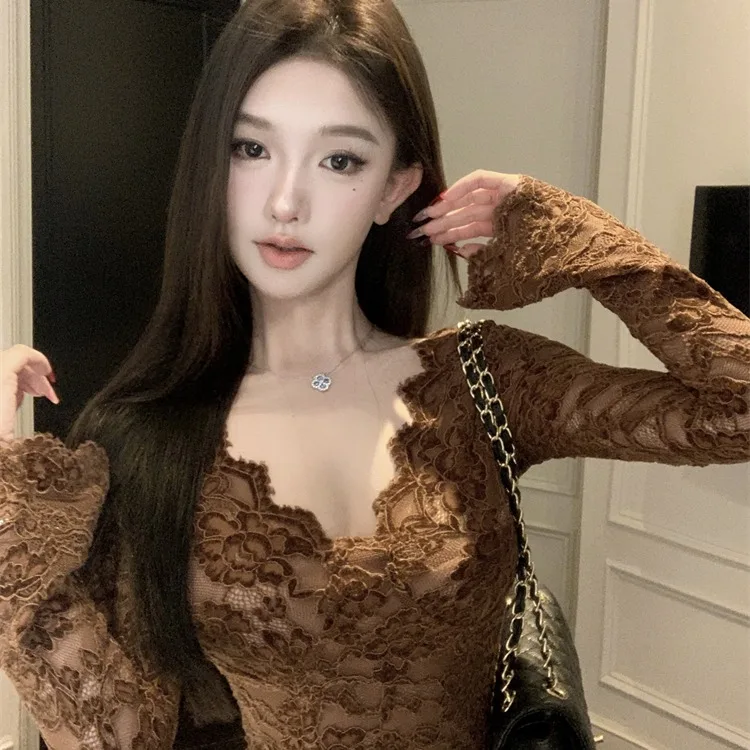 

Женский облегающий топ с кружевной отделкой V-Ne Svel Base irt, корейский топ с цветочным принтом, внутренняя одежда для поездок на работу и мои