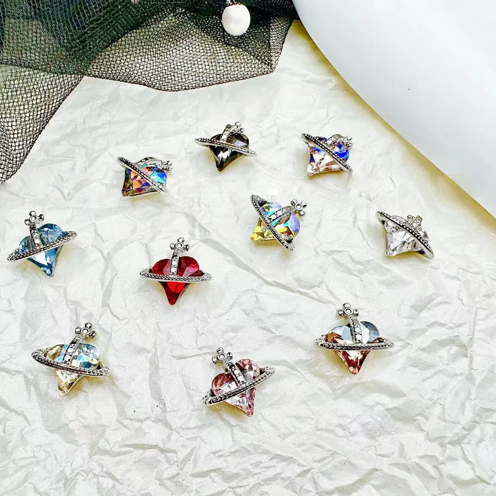 10Pcs 3D Alloy Crooked Heart Saturn Planet Nail Art Charms Gold/Silver Accessories Large Crystal Cross 13/18mm Shiny Nail Parts