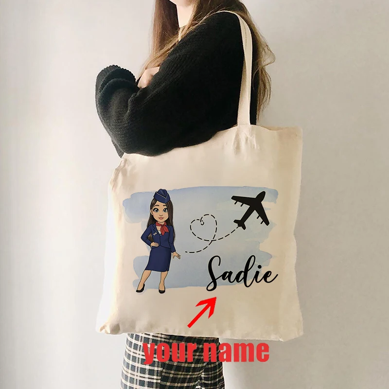 Flight Attendant Personalized Pattern Tote Bag Flight Attendant Gifts Reusable Shopping Bag Custom Name Shoulder Bag Handbag