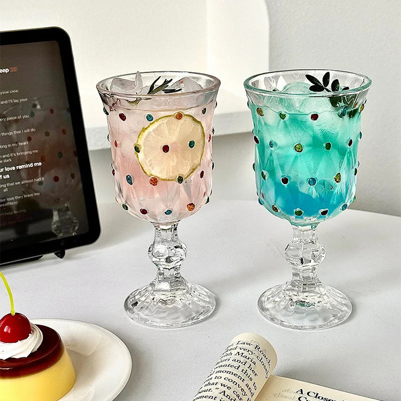 European Sle Vintage Polka Dot High Foot Glass Red Wine Cup Color Painted Wine Glass High Aesthetic Value Old World