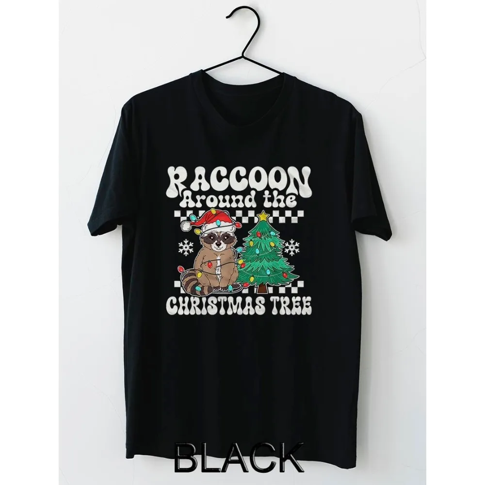 الراكون حول شجرة عيد الميلاد الراكون عاشق تي شيرتات عجيبة لطيف عيد الميلاد الراكون قميص الرجال النساء عطلة عادية ملابس علوية من القطن