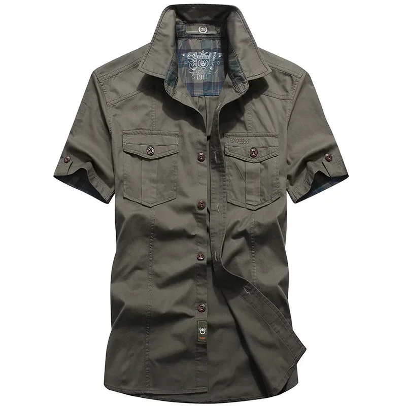 Summer Short Sleeved Shirt Men\'s Cotton  Shirts Brand Clothing Casual Plus Size 5XL 6XL Camisa Social Masculina Army Tee