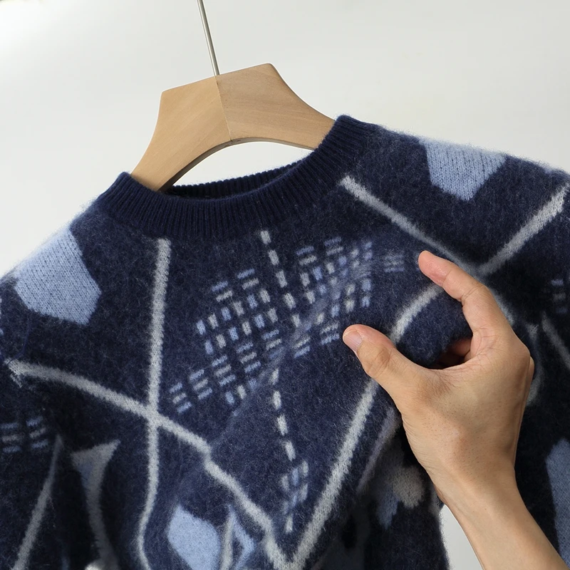 Autumn And Winter New Pure Wool Men's Round Neck Jacquard Sweater Thickened Warm Knit Loose Cashmere Bottoming Shirt