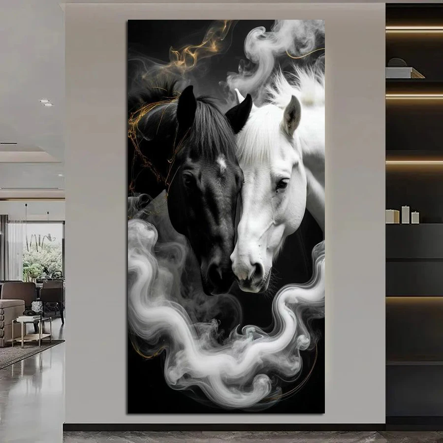 أبيض وأسود الحصان حجم كبير جديد Diy الماس الفنون اللوحة مجموعات الحيوانات الحفر الكامل فسيفساء التطريز صورة جدار ديكور