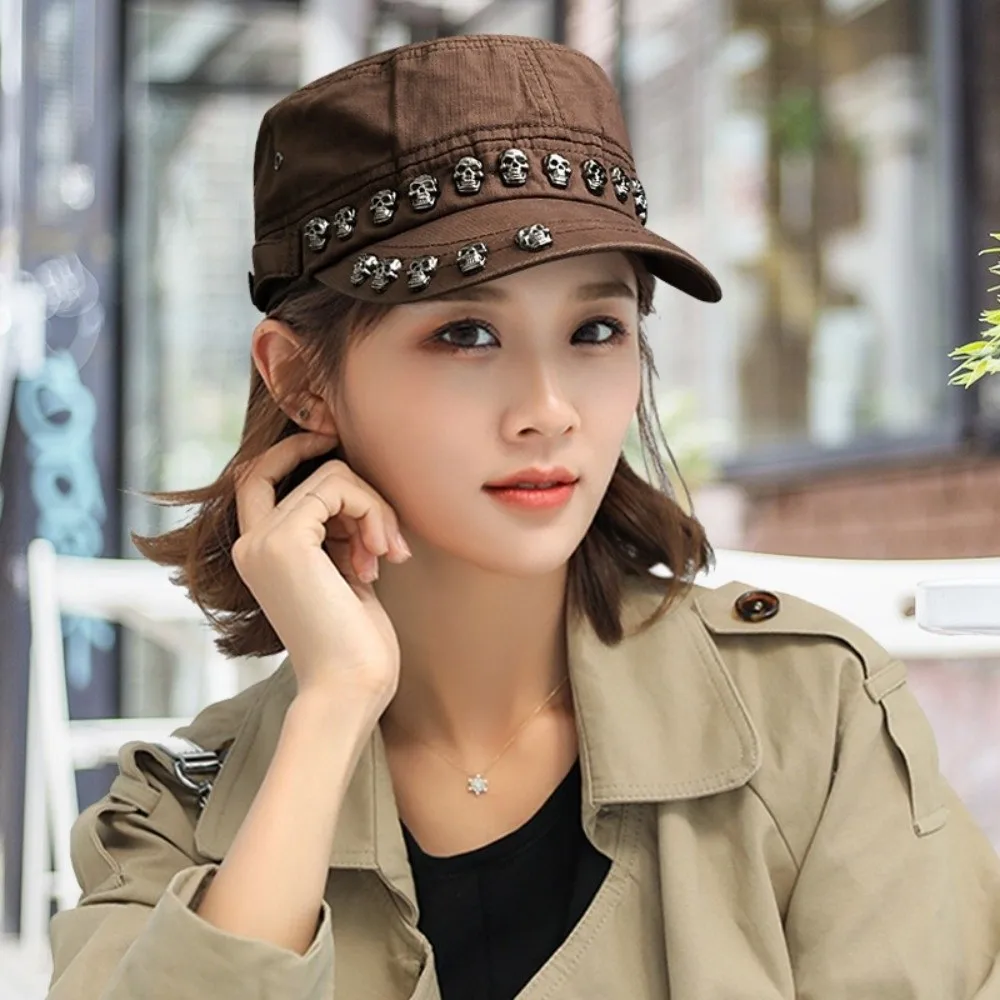 Cotton Material Skull Flat Top Cap Unique Breathable Sports Visors Hats Adjustable Punk Style Dancing Caps Men Women Unisex