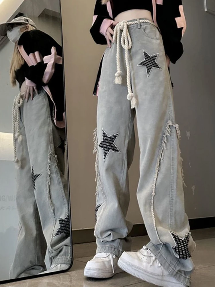 

Zoki Star Embroidery Women Streetwear Jeans Retro Hip Hop Tassel American Denim Pants High Waist Loose Straight Casual Trousers