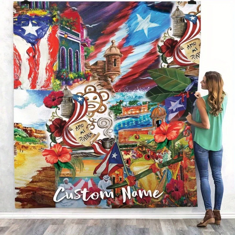 Customize A Personalized Fleece Blanket in The Style of The Puerto Rican Flag, Customized with Name Text, Featuring a Vintage De