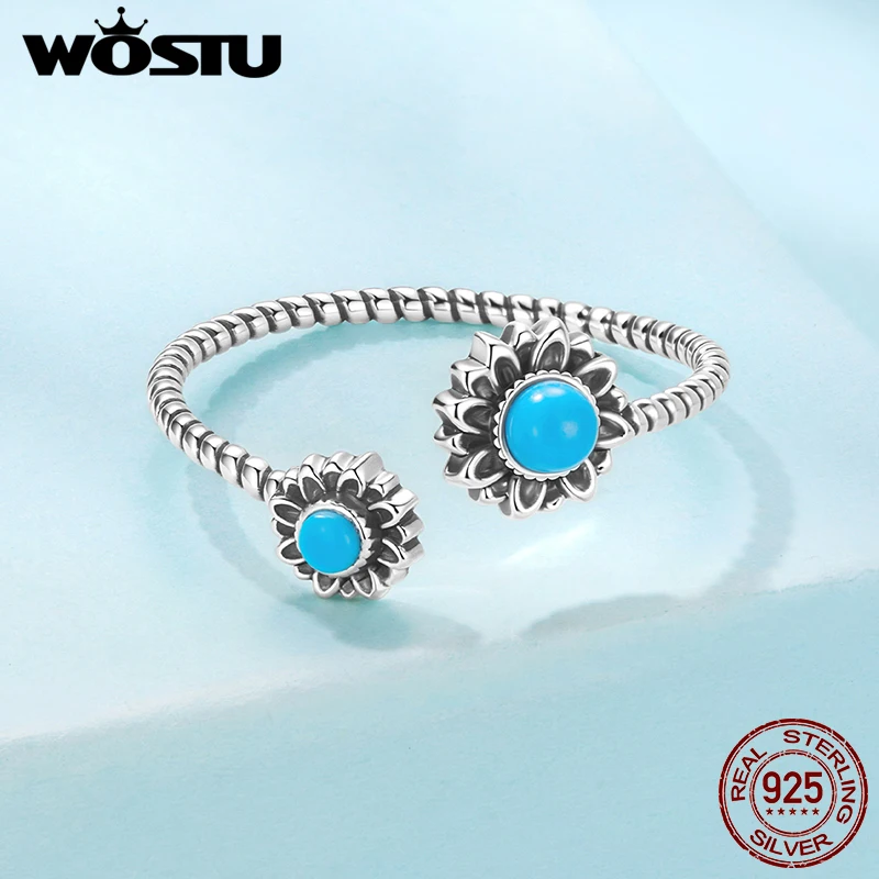 WOSTU 925 فضة خمر الفيروز عباد الشمس الدائري التراص بسيط زهرة افتتاح خواتم مجوهرات هدية لأمي الحب الأسرة