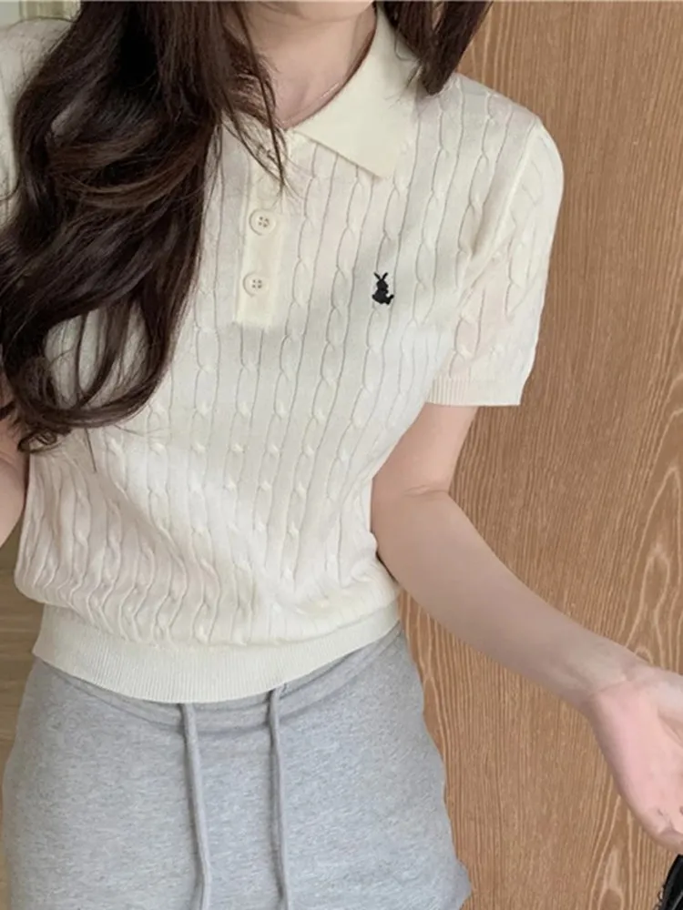 Unique  Collar T-irt Women's Beautiful Knitted ort Sve Summer Embroidery Design Top Slim Fit Korean Sle Commute ...