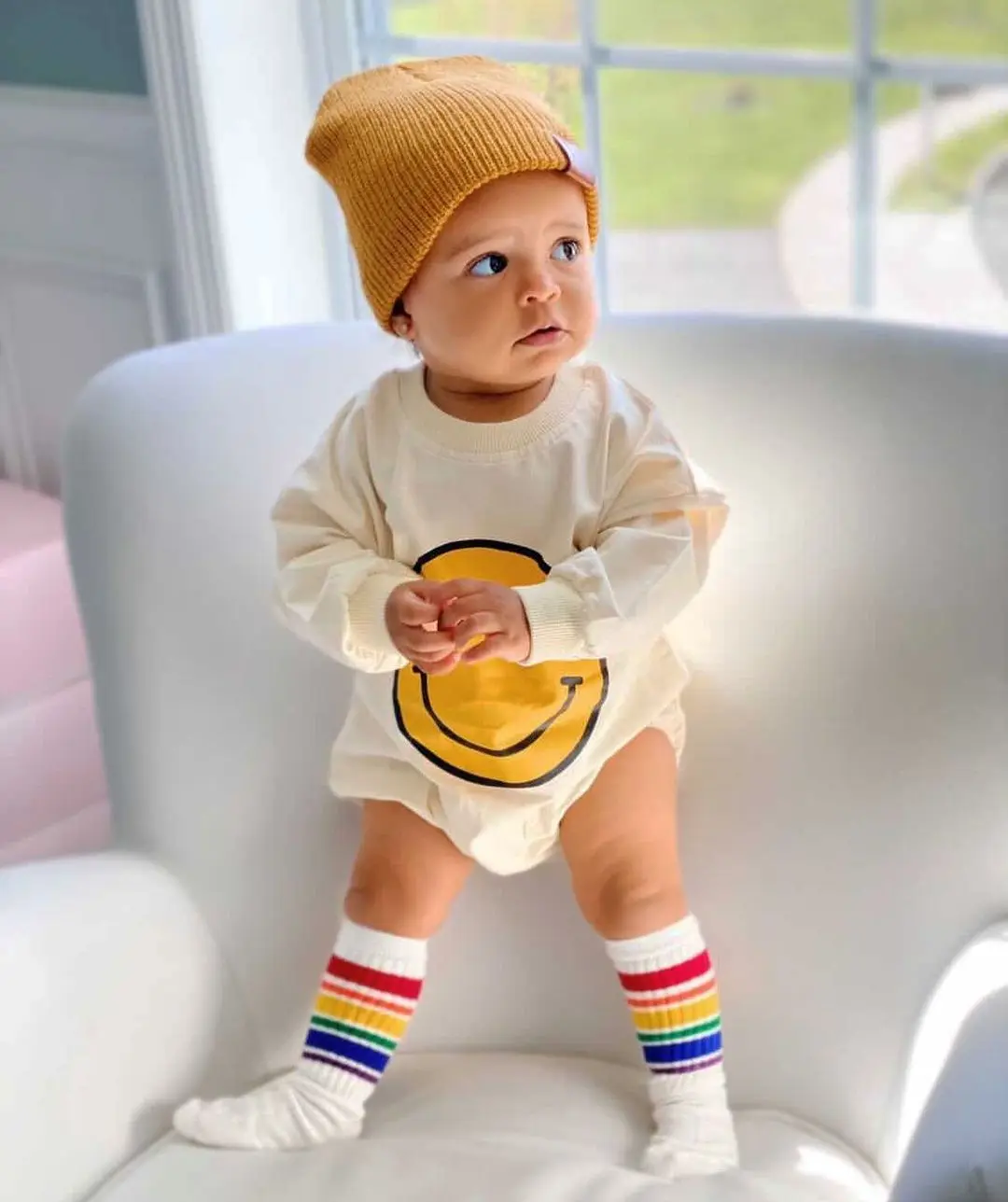 2023 Cute Infant Baby Boy Girl Romper Cartoon Smile Print Round Neck Long Sleeve Playsuit Autumn Cotton Infant Girl Clothing