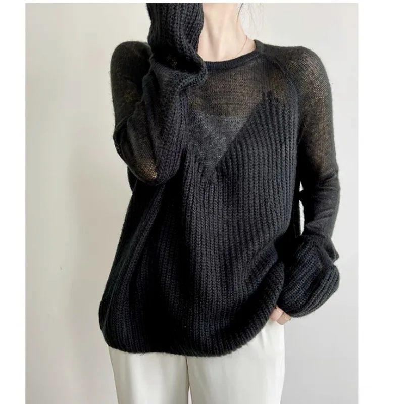Micro-transparent Splicing Knitted Women's Spring and Autumn Bat Lazy Sweet Temperament Top Sweater New Loose Temperament