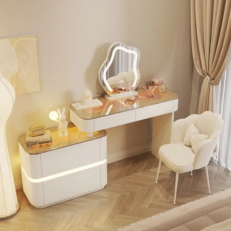 Modern Cream Solid Wood Dressing Table with Sintered Stone Top Integrated LED Light Luxury Bedroom Vanity Storage Cabinet
