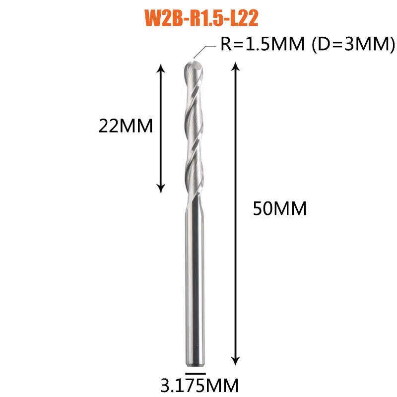 Dreanique 1Pc Carbide Kogelneus Einde Frees 2 Fluiten R0.5-R4.0 Einde Molen Router Bit Voor Hout En Aluminium W2b