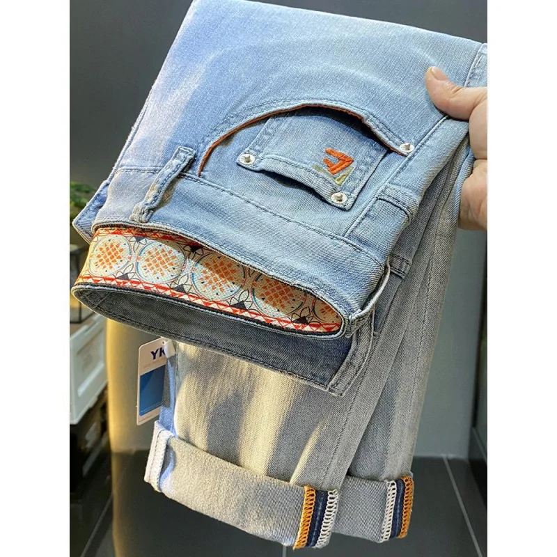 New MEN'S light luxury jeans high-end fashion brand business slim fit straight leg elastic casual blue versatile denim pants