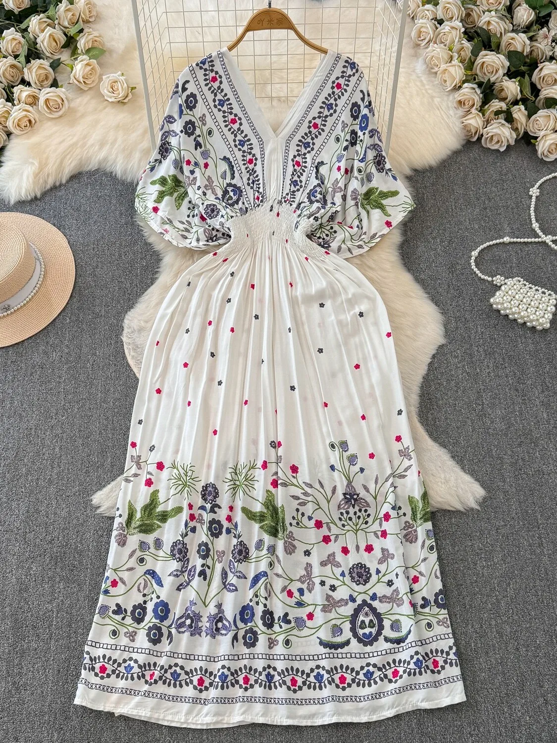Women Slim Long Dress Embroidery V-neck Bohemian Ethnic Seaside Vacation Beach Boho Summer 2025