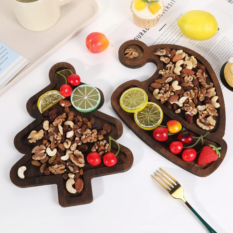 Christmas Cutlery Tray, Cute Household Wooden Christmas Tree, Fruit Dish, Cake, Dessert, Partitioned Wooden Plate