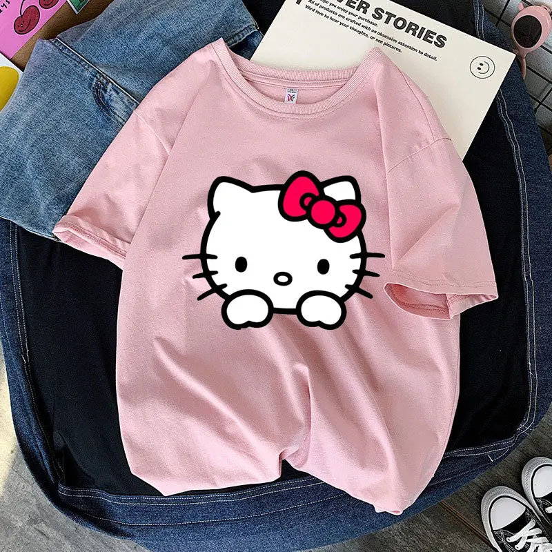 مرحبا كيتي الأحمر الكرتون أنيمي الرجال تي شيرت الصيف قصيرة الأكمام عادية المرأة تي شيرت 2025 موضة جديدة زوجين المحملة القمم الملابس #1