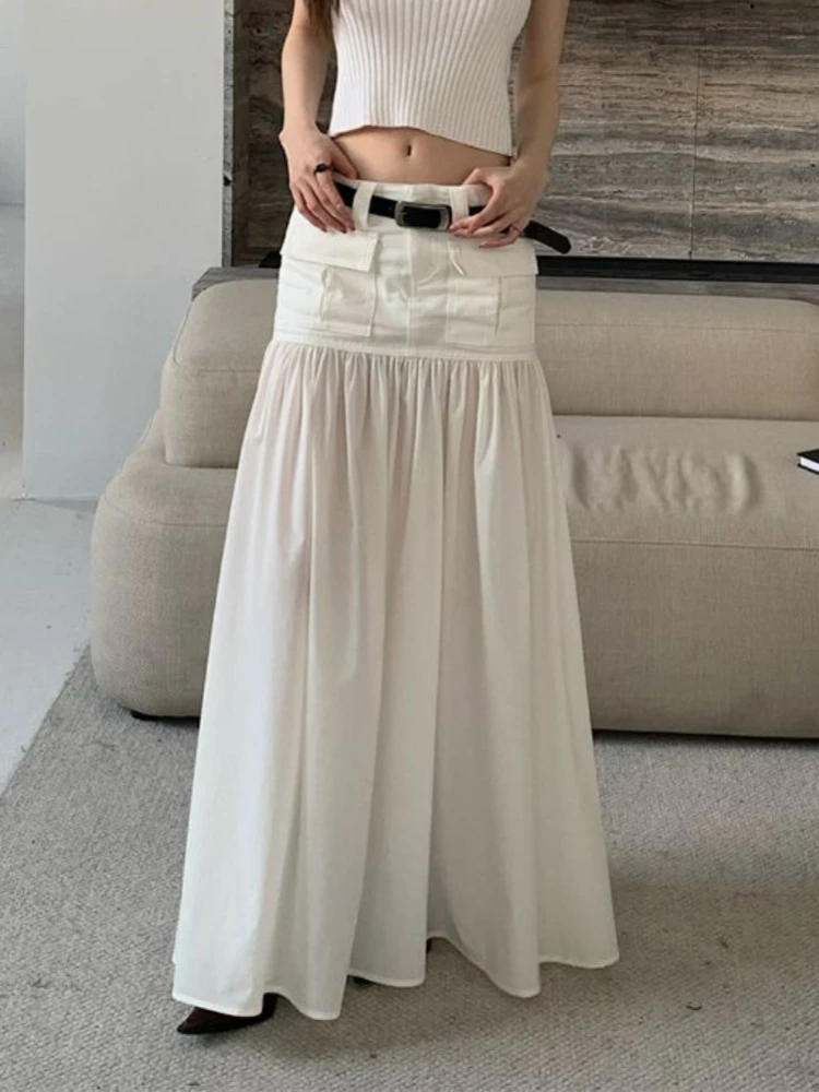 ADAgirl White Cargo Long Skirts Low Waisted Hip Wrapped Patchwork A-line Skirt for Women American Retro Summer High Street Skirt