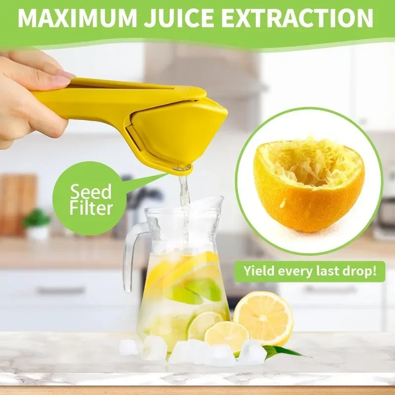 Max Juice Extraction Lemon Lime Squeezer EasytoUse Flat Lemon Squeezer with Leverage Squeezer with Built in Strainer Yellow