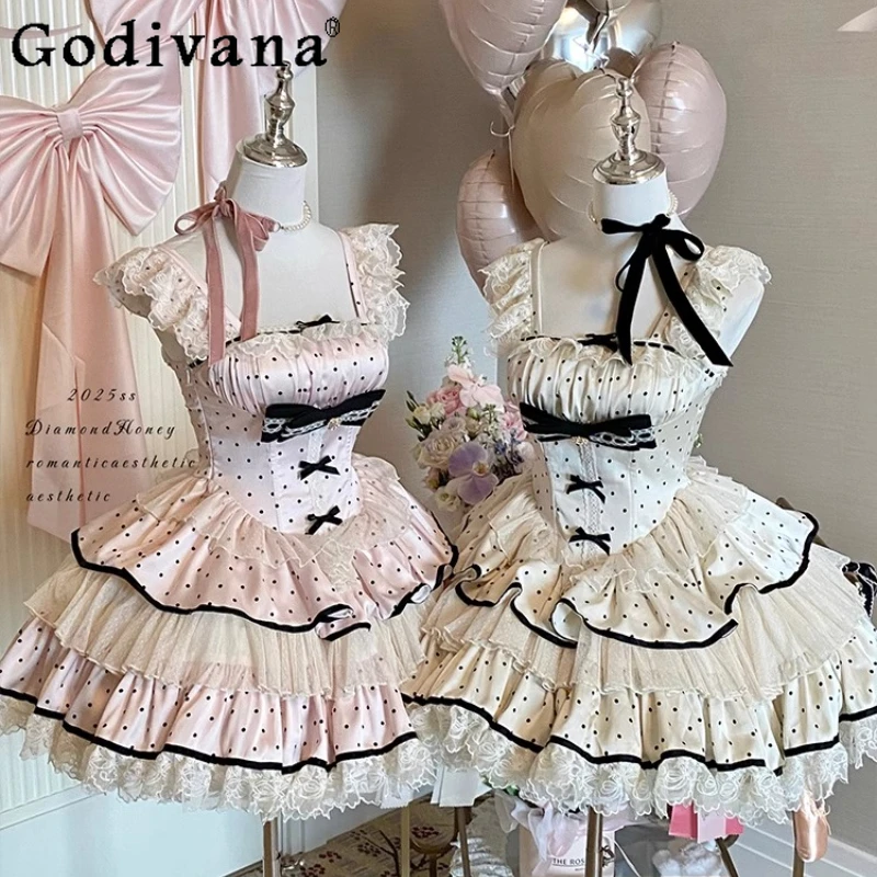 

Sweet Girl Lolita Dress Summer New Women's Polka Dots Slim Strapless Lace Princess Dress Cute Puffy Short Party Birthday Dresses
