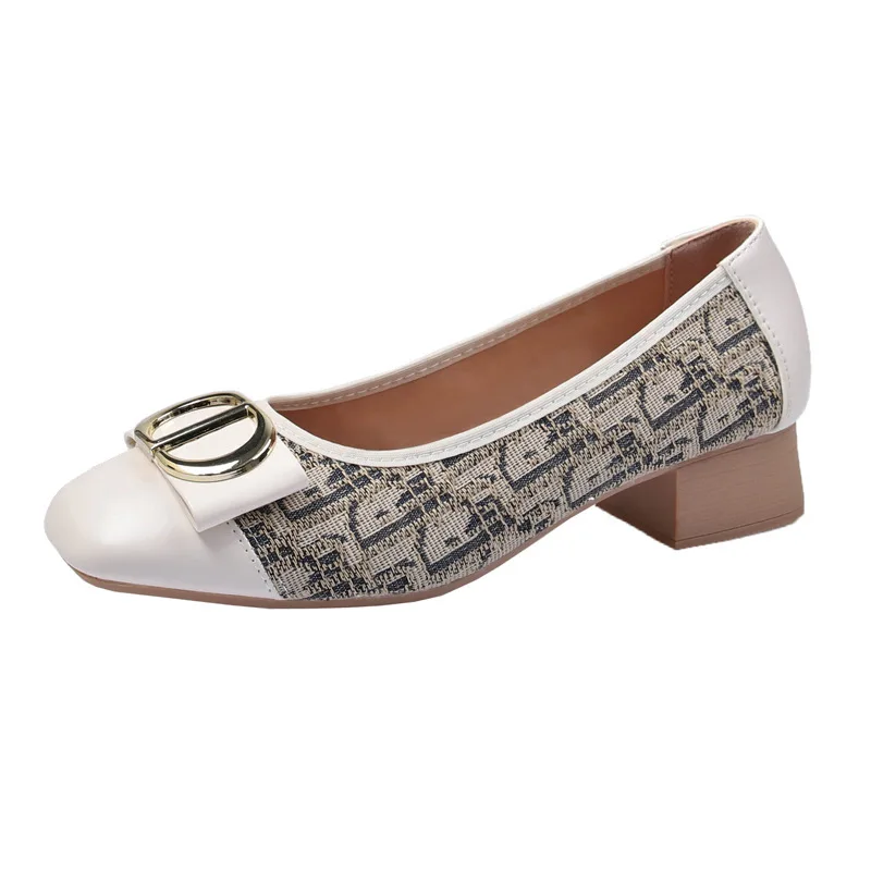 

Soft Bottom Women Bean Metal Single Shoes Fashionable Versatile Shallow Mouth Retro Square Head Flat Bottom Coarse Women's Shoes
