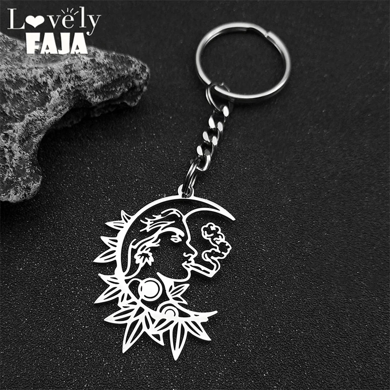 Gothic Crescent Moon Smoker Key Rings For Women Men Stainless Steel Black Color Hollow Plant Key Chain Jewelry Bag Pendant Gift