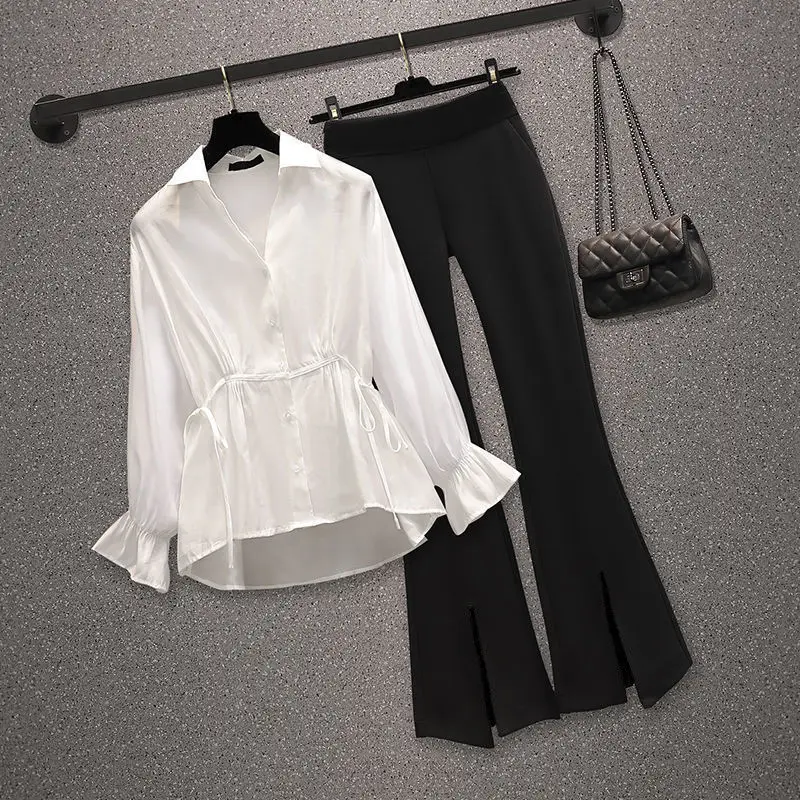 2022 New Spring and Autumn Season Fat Sister Large Size Fashion Slim Down Shirt Flare Pants Two Piece Elegant Women's Suit