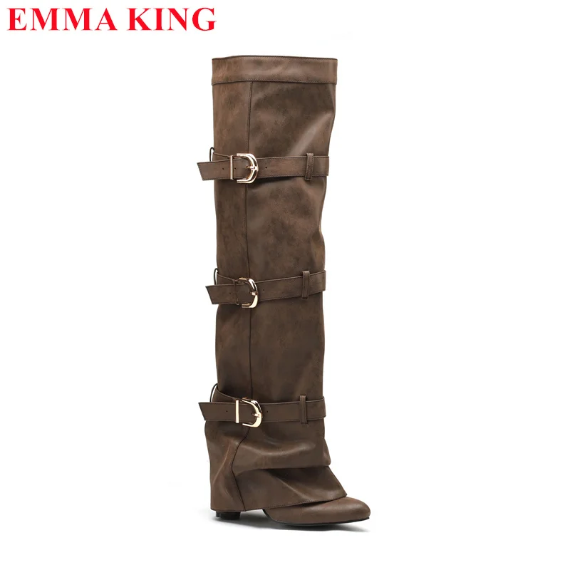 Black Brown Buckle Strap Over The Knee Boots Women Pointed Toe Chunky Thigh High Boots 2024 High Heels Shoes Ladies Pants Boots