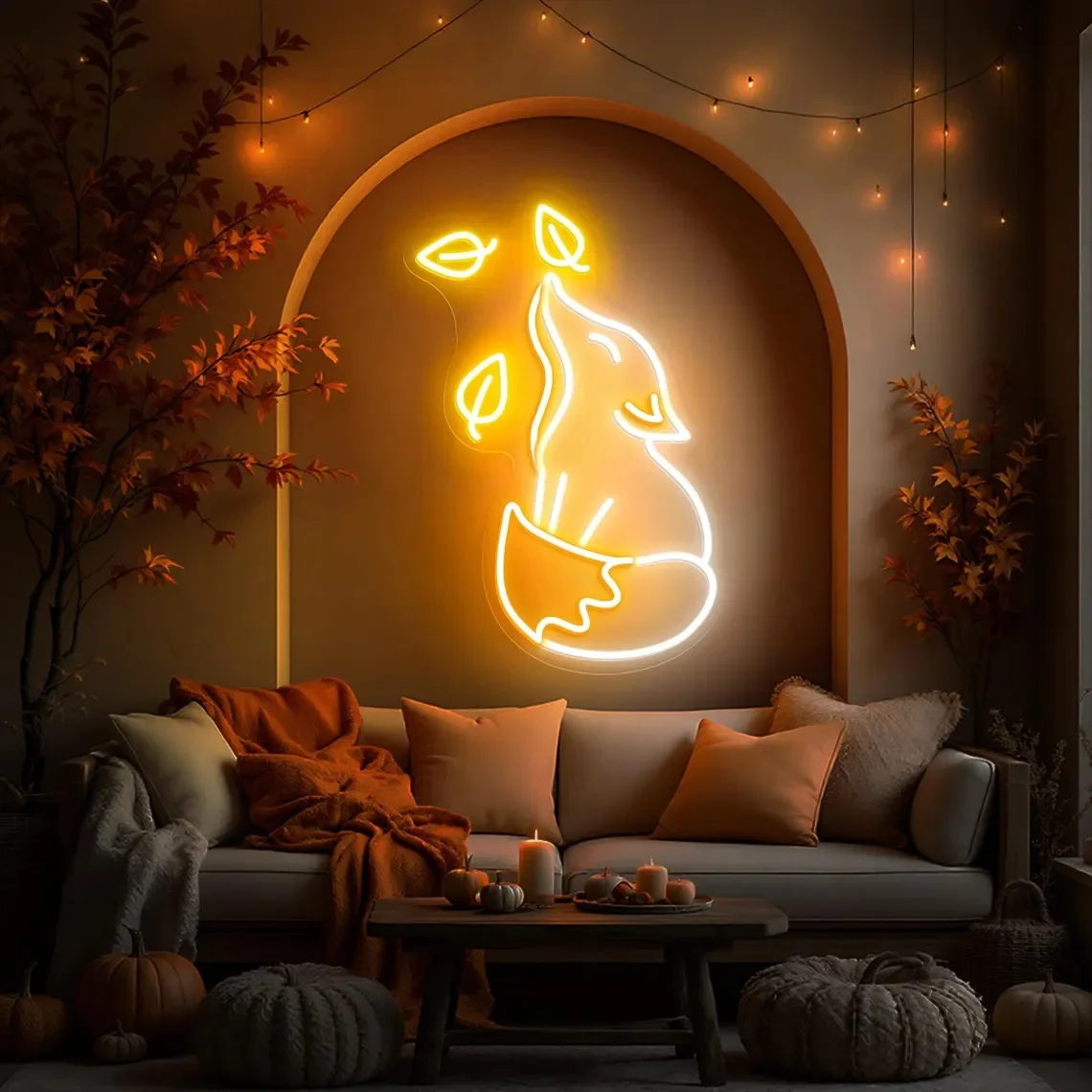 Fox with Autumn Leaf Neon Sign Cute Animal Wall Decor Custom Neon Sign