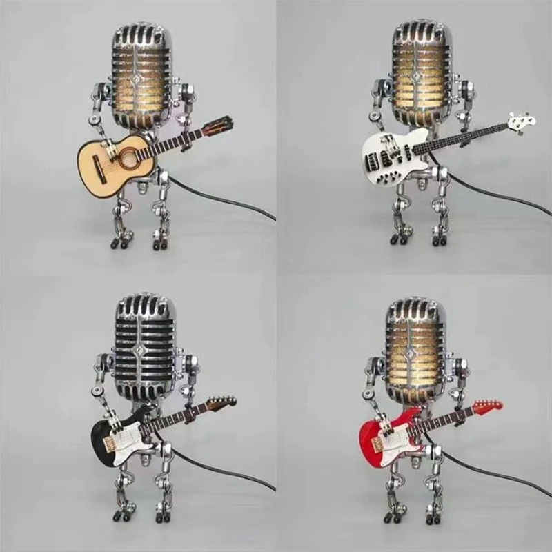 Vintage Microphone Robot Lamp Play Guitar Desk LED Lamp Lights Miniatures Crafts Lighting  Home Decoration