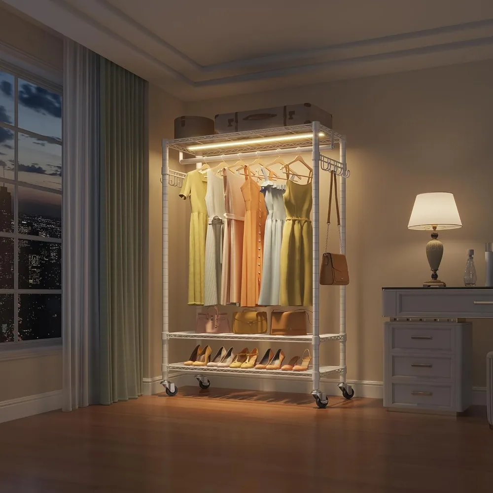 Garment Rack Rolling Clothes Rack with Dimmable Led Light, Portable Closet for Hanging Clothes