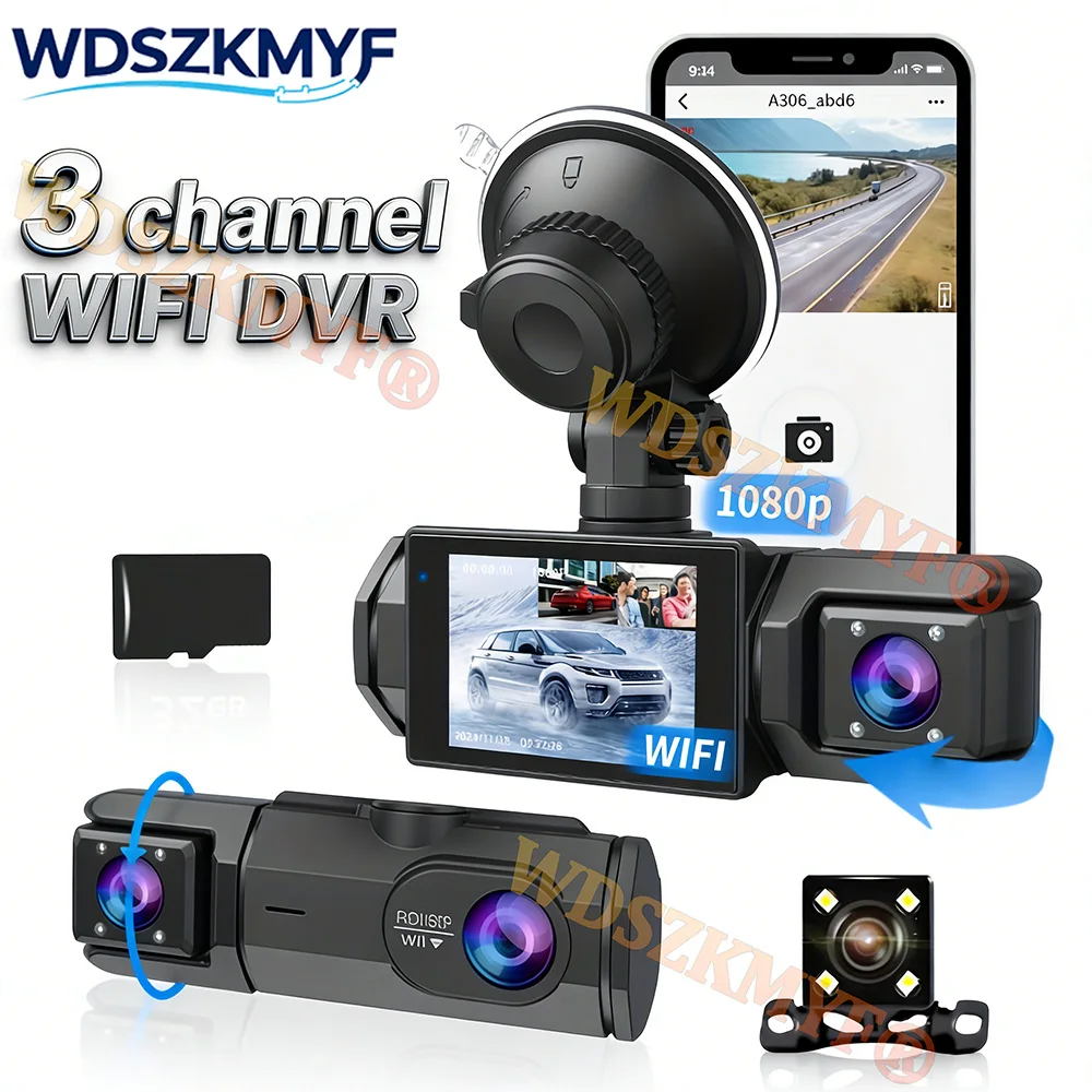 Cámara para Auto DVR con Triple Lente y WIFI, 2/3 Canales, Grabador de Video HD 1080P, Caja Negra para Auto, Electrónica para Autos