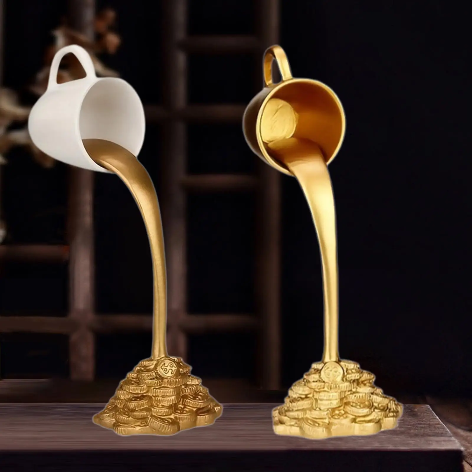 Spilling Coin Floating Mug Sculpture Resin Coffee Cup Art Statue for Bedroom Office Desk Home Fengshui Ornament Gift